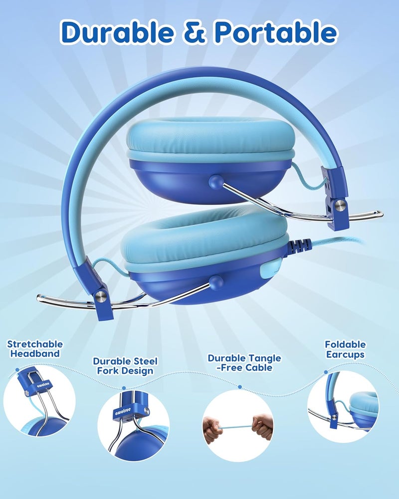 awatrue Kids Headphones with Cord, 74/85dB Safe Volume Limit, Stereo Sound, Wired On-Ear Headphones for Kids Boys Girls, 3.5mm Jack for Tablet, iPad, Kindle, YOTO Player, Airplane Travel, Blue - Image 5
